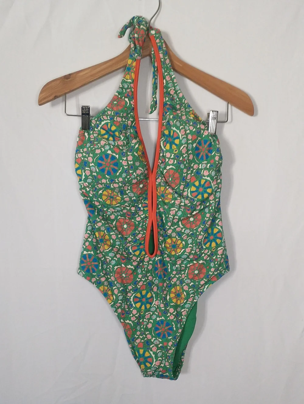 RHODE Tropical Green Floral One-Piece Bathing suit with Orange Trim